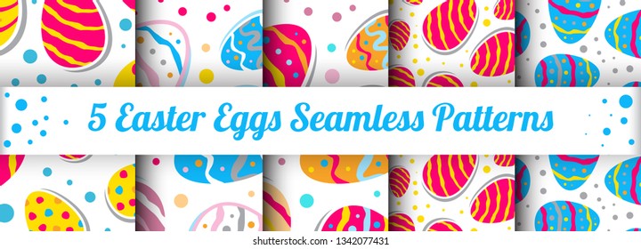 Five Colorful Seamless Patterns with Spring Easter Eggs for Holiday Decoration. Set of Decorative Painted Egg Vector Backgrounds