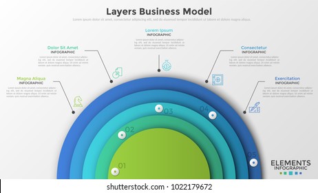 Five colorful semi-circular elements connected to thin line icons and text boxes. Concept of layers business model. Modern infographic design template. Vector illustration for presentation, brochure.