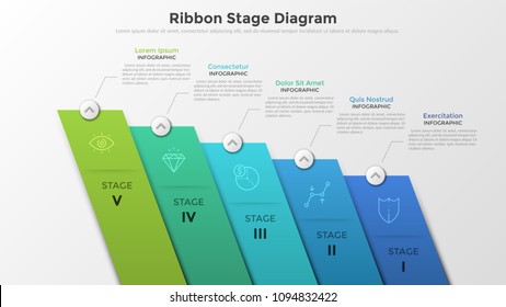 Five colorful sloping rectangular elements with linear symbols and numbers inside connected to text boxes. Concept of ribbon stage diagram. Unusual infographic design template. Vector illustration.