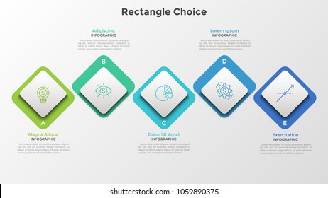 Five colorful square elements with thin line pictograms and letters inside arranged into horizontal row. Concept of 5 business options to choose. Infographic design template. Vector illustration.