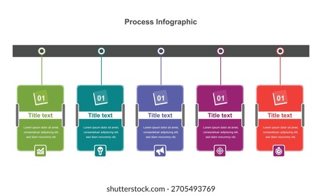 Infografía de cinco pasos coloridos con números, iconos y bloques de texto