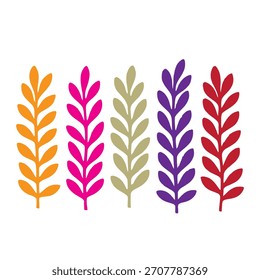Five colorful stylized leaf sprigs in a row. Orange, pink, green, purple, and red leaves isolated on a white background. Flat design.