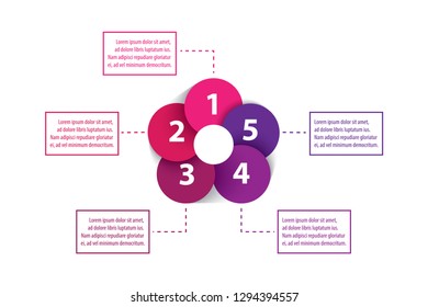 five colorful timeline infographic with flower design, Infographics management, finance, analytics, presentation. Vector illustration.