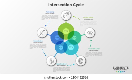 Five colorful transparent circles with percentage indication inside connected to round paper white elements with linear icons. Infographic design template. Vector illustration for statistical report.