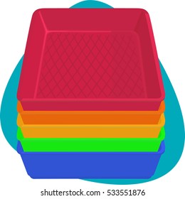 Five colorful trays stacked one in one in pile. Red, orange, yellow, green, blue plastic clean and glossy tray. Colors of rainbow. Isolated on a blue background. Set.