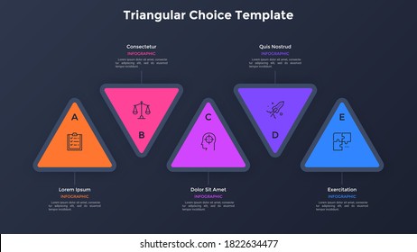 Five colorful triangular elements placed in horizontal row. Concept of 5 options to choose or select. Simple infographic design template. Vector illustration for  business information visualization.