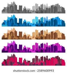 Five colorful variations of a generic city skyline, offering diverse options for urban-themed designs