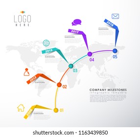 Five colorful vector progress steps illustration with white cards, icons, place for your company text with light world map at the background.