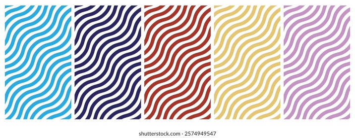 Five Colorful Wavy Pattern Variations, A Seamless Series of Abstract Designs in Light Blue, Navy, Red, Yellow and Lavender, Ideal for Backgrounds or Textures