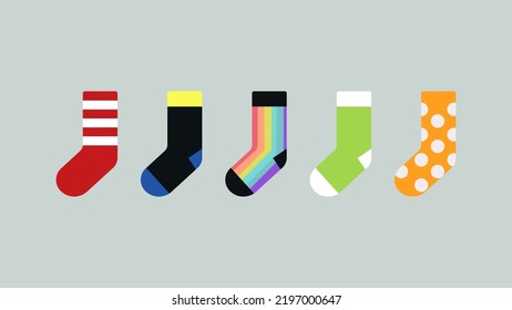 Five colorfull socks with different motifs.