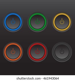 Five colors power buttons with led light for web design. Switch on / switch off buttons.