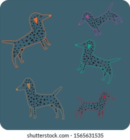Five coloured Dalmatian Dogs on half green half blue background.