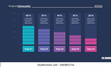 Five columns bar chart slide template. Business data. Percentage, diagram, design. Creative concept for infographic, presentation. Can be used for topics like management, analytics, research.