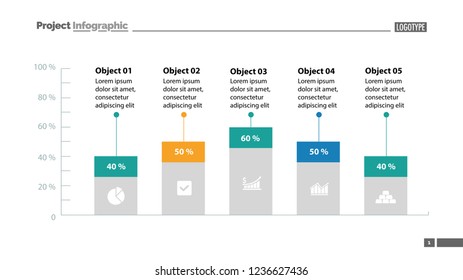 Five columns bar chart slide template. Business data. Percentage, comparison, design. Concept for infographic, presentation, report. Can be used for topics like management, finance, statistics.