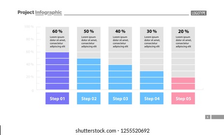 Five columns bar chart slide template. Business data. Percentage, diagram, design. Creative concept for infographic, presentation. Can be used for topics like management, analytics, research.