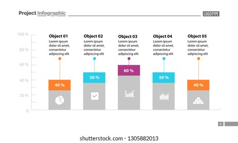 Five columns bar chart slide template. Business data. Percentage, comparison, design. Concept for infographic, presentation, report. Can be used for topics like management, finance, statistics.