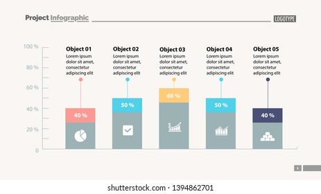 Five columns bar chart slide template. Business data. Percentage, comparison, design. Concept for infographic, presentation, report. Can be used for topics like management, finance, statistics