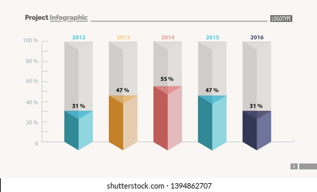 Five columns bar chart slide template. Business data. Percent, comparison, design. Creative concept for infographic, presentation, report. Can be used for topics like management, finance, analytics.