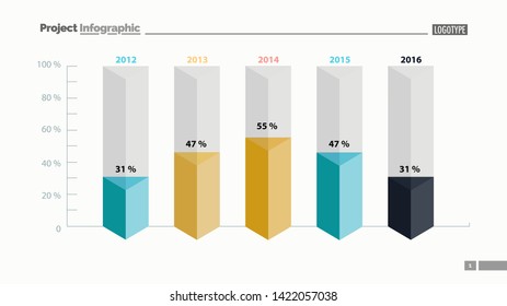 Five columns bar chart slide template. Business data. Percent, comparison, design. Creative concept for infographic, presentation, report. Can be used for topics like management, finance, analytics.