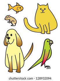 Five common house pets drawn in a cartoon style.