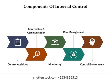 Cinco componentes del control interno: actividades de control, información y comunicación, seguimiento, gestión de riesgos, entorno de control. Plantilla de infografía con iconos y marcador de posición de descripción