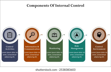 Cinco componentes del control interno: actividades de control, información y comunicación, seguimiento, gestión de riesgos, entorno de control. Plantilla de infografía con iconos y marcador de posición de descripción