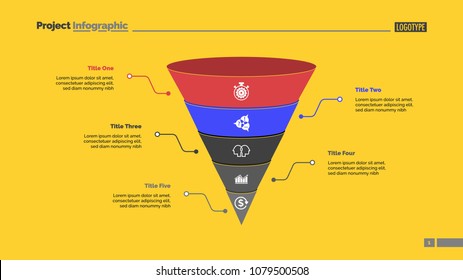 Five cone parts process chart slide template. Business data. Step, point, design. Creative concept for infographic, presentation, report. Can be used for topics like teamwork, marketing, research.