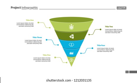 Five cone parts process chart slide template. Business data. Step, point, design. Creative concept for infographic, presentation, report. Can be used for topics like teamwork, marketing, research.