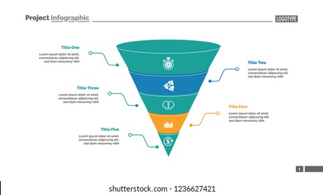 Five cone parts process chart slide template. Business data. Step, point, design. Creative concept for infographic, presentation, report. Can be used for topics like teamwork, marketing, research.