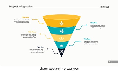 Five cone parts process chart slide template. Business data. Step, point, design. Creative concept for infographic, presentation, report. Can be used for topics like teamwork, marketing, research.