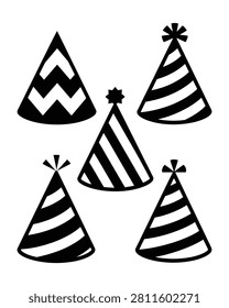 Five coneshaped party hats with striped and zigzag patterns