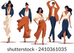 Five confident women fashion models walking in various elegant poses. Stylish feminine clothing and attitude, diverse body language. Empowerment and fashion show vector illustration.