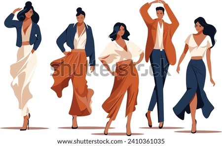 Five confident women fashion models walking in various elegant poses. Stylish feminine clothing and attitude, diverse body language. Empowerment and fashion show vector illustration.