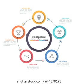 Five connected colorful circles with thin line symbols inside placed around central round element. Visualization of cyclic process concept. Simple infographic design layout. Vector illustration.