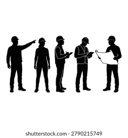 Five construction workers wearing hard hats and work clothes review plans and point at a rolled blueprint isolated on transparent background