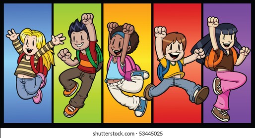 Five cool cartoon kids jumping. All characters and background in separate layers for easy editing.