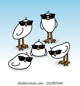 Five Cool White Chicks wearing Sunglasses Staring towards camera on Blue Background