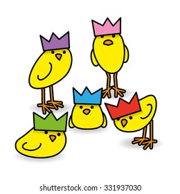 Five Cool Yellow Chicks wearing Party Hats Staring towards camera on White Background