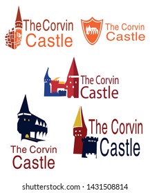 Five Corvinus Castle logos on a white background, painted in red, yellow ,blue and orange