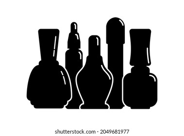 Five cosmetic container nail polish gel oil in row. Female makeup product. Plastic or glass bottle. Fashion and style. Black silhouette. Isolated object. Vector illustration isolated white background.