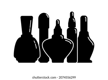Cinco contenedores cosméticos esmaltan el aceite de gel de esmalte en fila. Producto de maquillaje femenino. Frasco de plástico o de vidrio. Moda y estilo. Silueta negra. Objeto aislado. Ilustración fondo blanco aislado. Vector
