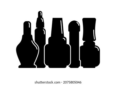 Five cosmetic container nail polish gel oil in row. Female makeup product. Plastic or glass bottle. Fashion and style. Black silhouette. Isolated object. Illustration isolated white background. Vector