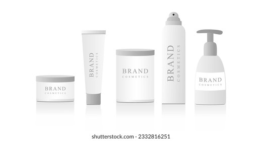 Five cosmetic package flat object set empty tubes on white background vector illustration. Realistic cosmetic bottle mock up set isolated pack on white background. Cosmetic brand template.