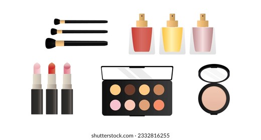 Five cosmetics flat object set. Perfect look and beauty. powder, cream, makeup tools, lipstick, brush, foundation, mascara, face serum and perfume. objects on a transparent background