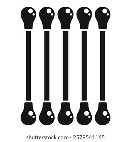 Five cotton swabs standing upright forming a row, a simple illustration of hygiene products