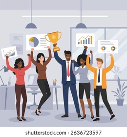 Five coworkers celebrate business success in the office by raising arms and holding charts.