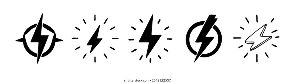 Five creative collections of lightning doodles on white background