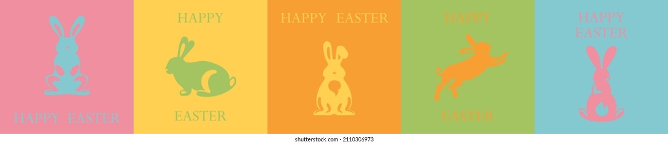 Five creative design concepts with Easter bunnies. Set of ready designs for print Easter greeting card. Calligraphy. Template Design. Set of posters for Holiday. Vector illustration in flat cartoon 