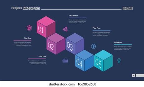 Five cubes process chart slide template. Business data. Stage, point, design. Creative concept for infographic, presentation. Can be used for topics like management, finance, teamwork.