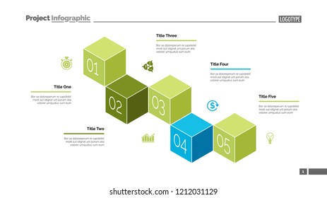 Five cubes process chart slide template. Business data. Stage, point, design. Creative concept for infographic, presentation. Can be used for topics like management, finance, teamwork.